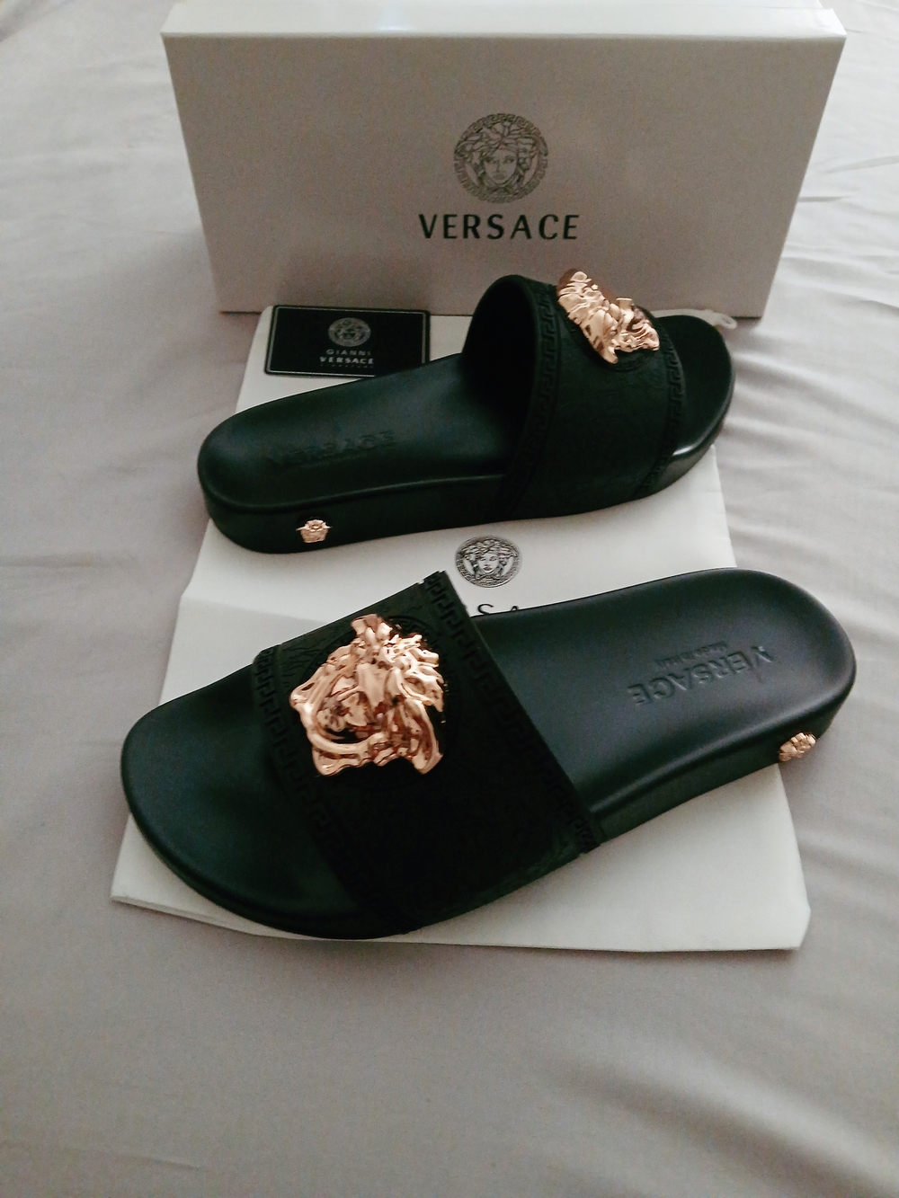Versace Palazzo Sliders With Gold Medusa Accent
